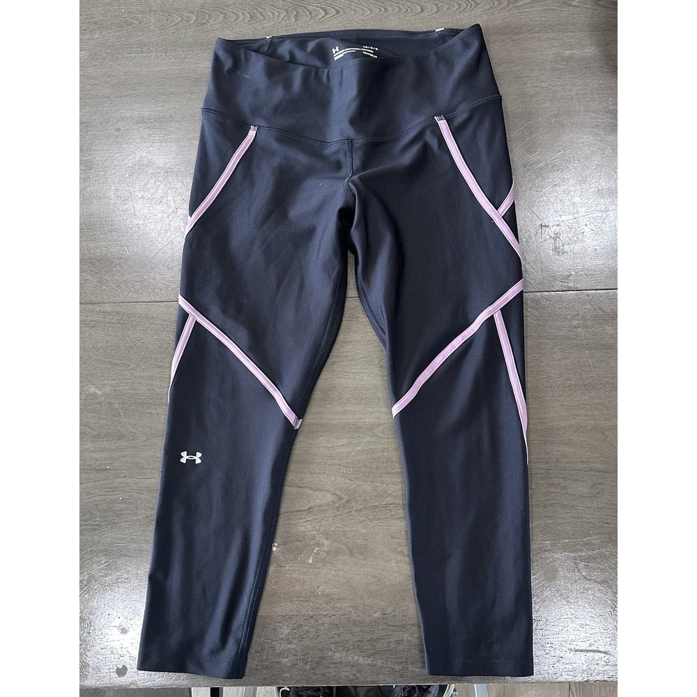 Under Armour LEGGINGS Tight Black Pink Large Heat Gear Workout Cropped Pants